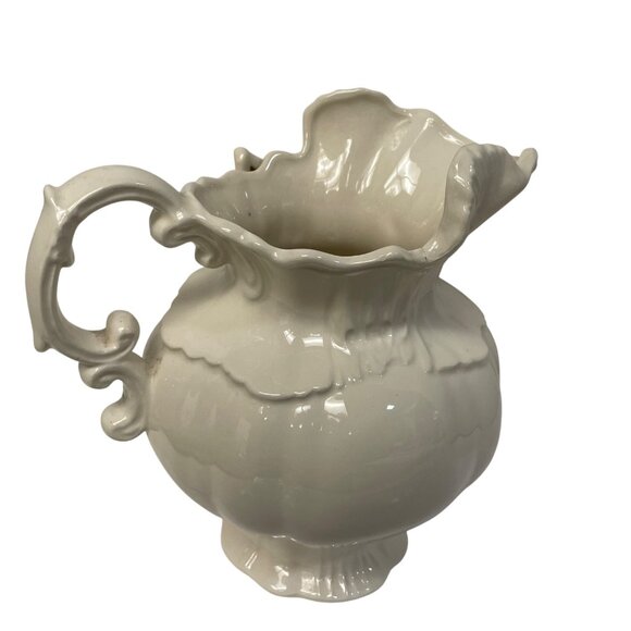 Vintage Ivory Ceramic Pitcher With Floral Accent Ornate Handle 8" x 8" Read - Picture 10 of 15